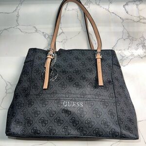 GUESS Black Monogram Tote with Tan Handles